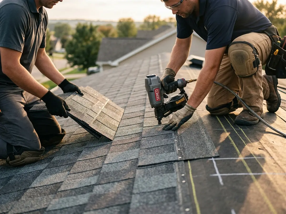 Professional roofer working on a residential roof in Oakfield
